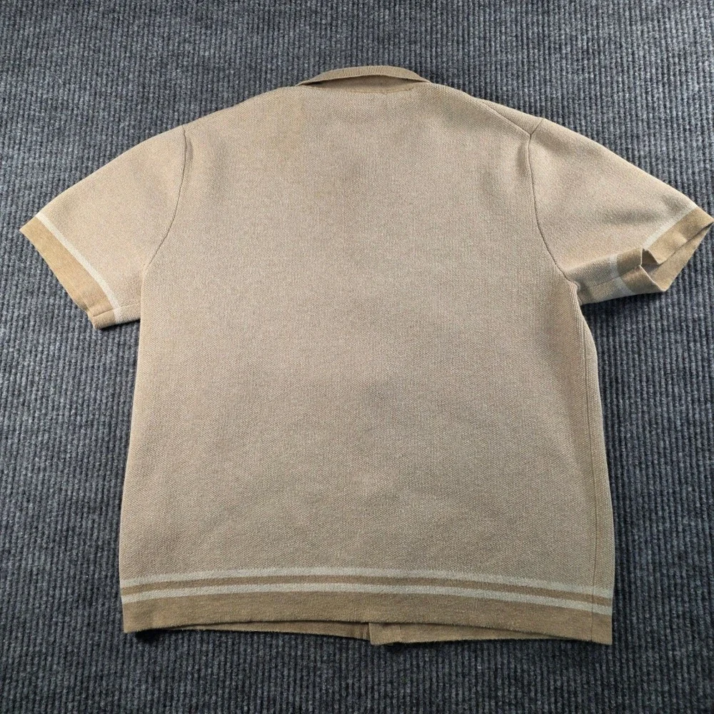 J. Crew Mens Knit Button Front Polo Shirt Tan Beige Striped Short Sleeve Large
